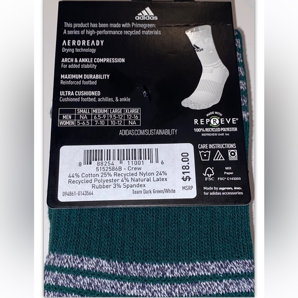 Adidas 5 Star Team Crew Socks 1 Pair Men 6.5-9 WMN 7-10 Green w White Logo Cushi - Picture 2 of 10